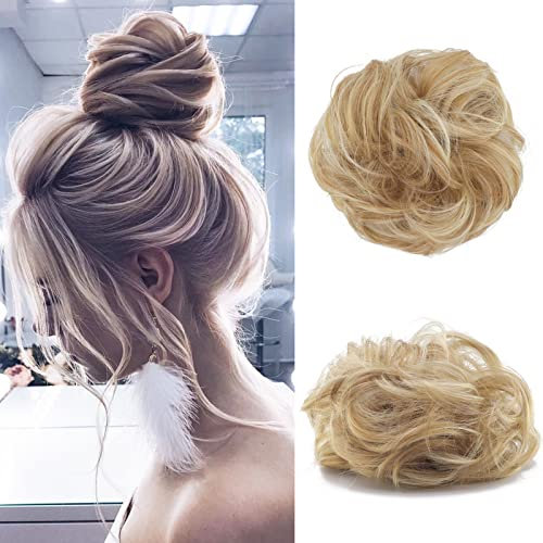 Cybelleza Haarteil Haargummi Haarverlängerung Pferdeschwanz 35g Haarteil Mit Gummiband Dutt Updo Hochsteckfrisuren Gelockt Haarband Gewellt Lockiges Messy Bun für Damen (Honigblond & Bleichblond)