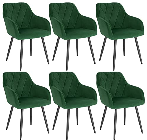 WOLTU 6er Set Esszimmerstühle mit Armlehne Rückenlehne, für Esszimmer Wohnzimmer Küche, Bequeme Küchenstühle gepolstert mit Samtbezug, Metallbeinen, Dunkelgrün