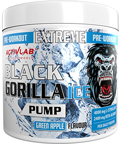 Activlab Black Gorilla Ice Pump Pre-Workout 300g Pulver, 30 Portionen, 4000mg L-Citrullin, 2400mg Beta-Alanin, 2500mg L-Arginin, AAKG, kein Koffein, Eiskühlungseffekt, köstlicher Apfelgeschmack