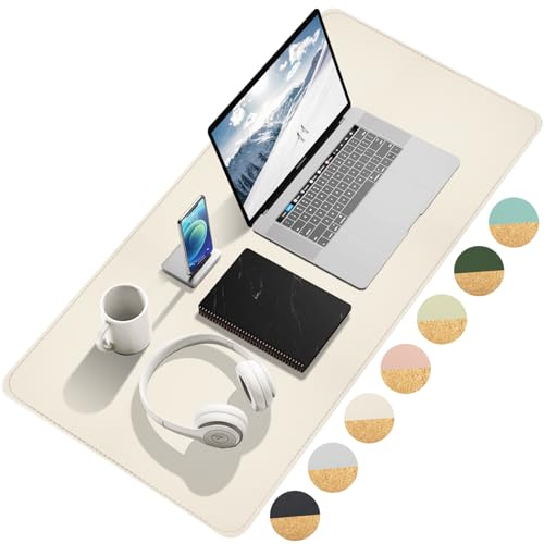Giecy Tapis de bureau, sous main bureau en liège et tapis de souris xxl en cuir PU, antidérapant, imperméable, protege bureau desk mat pour le bureau et la maison (Beige, 90x43cm)