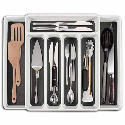 Sabshach 7 Compartments Expandable Cutlery Tray - Drawer Organiser Plastic Trays Kitchen Utensil, White Gray