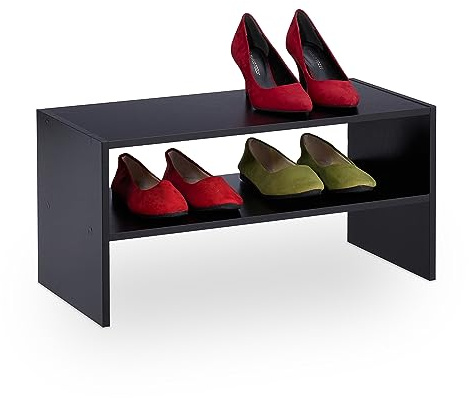 Relaxdays Schuhregal, 4 Paar Schuhe, HBT: 29,5 x 60 x 29,5 cm, schmal, 2 Ebenen, Flur Schuhablage, stapelbar, schwarz