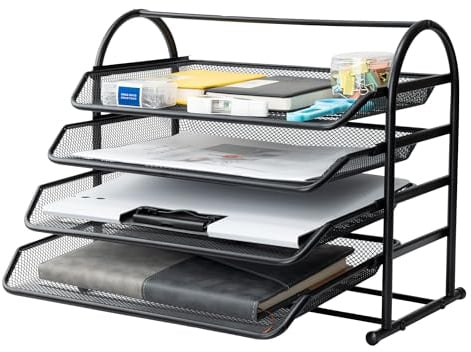 4 Tier Mesh Letter Tray,Office Desk Paper Organizer with Sliding Trays for Desk Accessories, Office Supplies and File Storage, Black