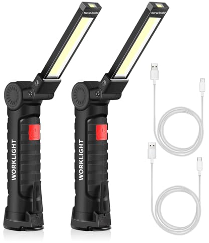 LEMLIT Work Light Rechargeable - LED Flashlight Lantern 5modes Inspection Lamp 360°Rotate LED Torch with Magnetic Base and Hook IP65 Camping Light for Garage,Workshop and Emergency (2 Pack, Black)