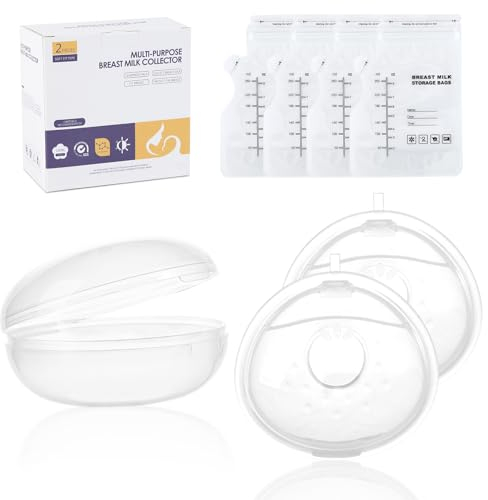 2PCS Milk Collection Shells with 4 Storage Bags, Reusable Silicone Breast Shells with Storage Box, Breast Milk Saver Nursing Pads Cups for Breastfeeding Save Breastmilk