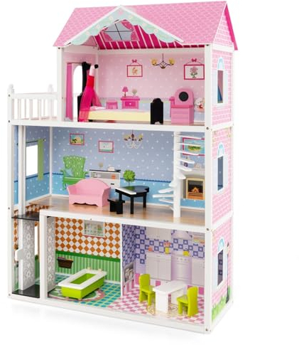 GYMAX Casa delle Bambole in Legno, Casa da Sogno a 3 Piani e 5 Stanze, con Mobili Simulati, Ascensore Funzionante e Scala Girevole, Regalo Giocattolo Fai da Te per Bambini 3+ Anni, 80x33x114 cm, Rosa
