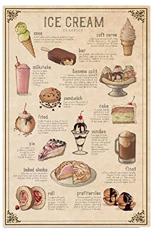 Eiscreme-Alphabetisierungs-Metallschilder, Eiscreme-Klassiker, Infografik-Poster, Retro-Eisdielen-Plakette, Dekoration für Zuhause, Restaurant, Wanddekoration, 20,3 x 30,5 cm