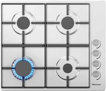 Hisense GM642XHS Placa de gas integrada de 60 cm, acero inoxidable, 4 zonas de cocción, superficie fácil de limpiar, encendido con una sola mano, 60 x 52 x 8,9 cm (largo x ancho x alto)