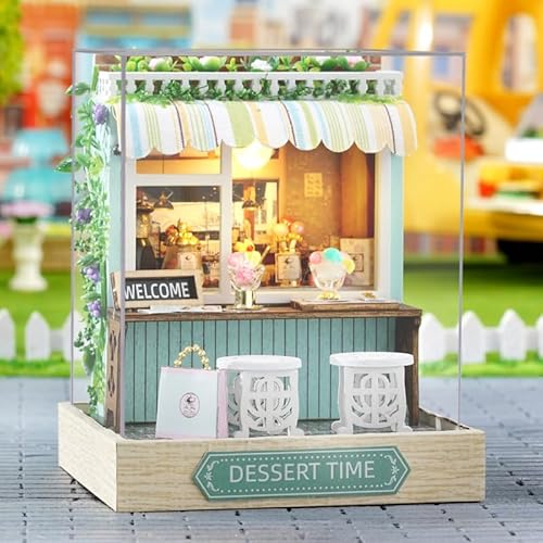 CUTEROOM Kit fai da te in miniatura casa delle bambole in legno, mini kit di costruzione con mobili e protezione antipolvere (Dessert Time)