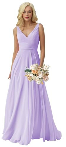 Vestidos de dama de honor de gasa largos de una línea fruncida formal, vestidos de noche, Color lila., 54