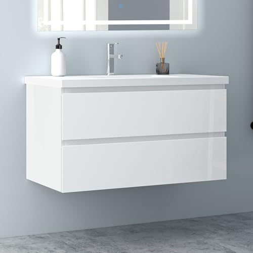 Biubiubath Badezimmermöbel 100cm Mineralguss Waschtisch mit Unterschrank Badmöbel Set Badezimmerschränke mit 2 Soft-Close Schubladen Hochglanz Weiß