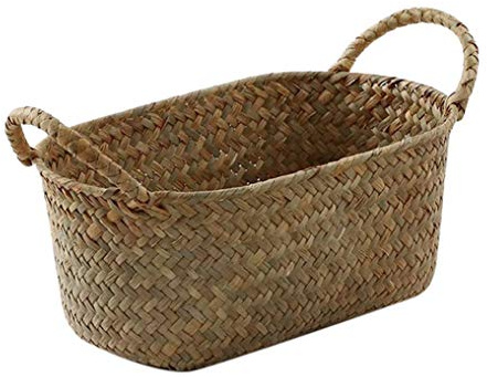 HOMEDEK Handgemachte Gewebte Aufbewahrungs Korb Stroh Lebensmittel BehäLter Make-Up Organizer Rattan Brot Frucht Fall Halter (S, 24X15X9Cm)