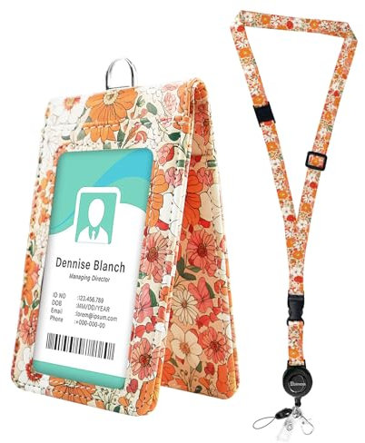 Joli porte-badge avec fenêtres transparentes double face pouvant contenir facilement 1 à 4 cartes, porte-badge en cuir à motif floral avec cordons rétractables réglables – Cordon tour de cou pour