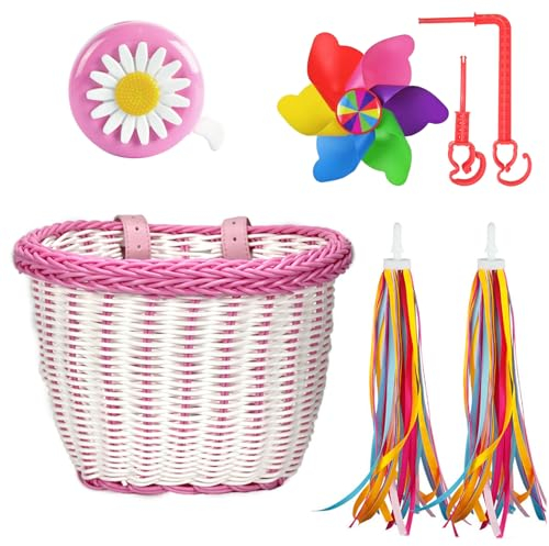 Ensemble panier de vélo tissé à la main avec sangles, moulin à vent, glands de vélo et sonnette de vélo, accessoires de vélo pour garçons et filles (rose/blanc)