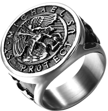 Flongo Saint Michael Siegelring für Herren: Silber Religiöser Ring Amulett Heiliger Michael Edelstahl Beschützer Schmuck Signet Ring Religion Runde Retro Band Geschenk Größe von 57 bis 71