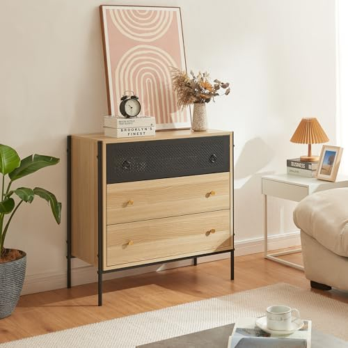 [en.casa] Kommode Tysnes Schubladenschrank Sideboard mit 3 Schubladen 80 x 80 x 40 cm Aufbewahrungsschrank Wohnzimmerschrank Schubladenkommode mit Metallgestell Beistellschrank Eiche/Schwarz