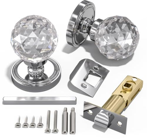 Bwintech 1 Pair Brushed Chrome Solid Crystal Door Knobs, 65mm Palace Style Crystal Internal Door Handle with Latch and DIY Screw Kit for Passage, Bedroom, Hallway