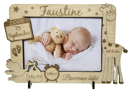 Cadre Photo naissance en Bois Personnalisable avec girafe - Souvenir de la naissance de Bébé – idée cadeau de naissance personnalisé pour maman, papa, mamie, papy – décoration chambre bébé, séjour
