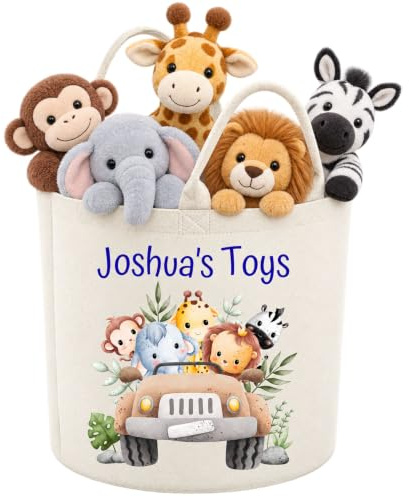 Personalised Safari animal car Toy Storage Basket |Tub |Trug | Toy Box | Kids Organisation (White)