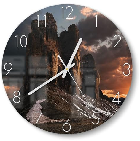 DEQORI Glasuhr | rund Ø 30 cm | Motiv Bergdämmerung | ausgefallene leise Design Uhr aus Glas | Wanduhr für Wohnzimmer & Küche | moderne Hingucker Uhr für die Wand