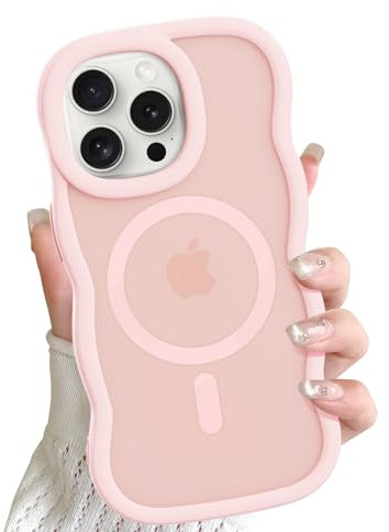 ÁRBOLORO Magnetisch Wellen Hülle für iPhone 15 Pro Max Kompatibel mit Magsafe, Wellenform Lockige Rahmen Handyhülle Matt Transluzente Silikon Schutzhülle Stoßfeste Kratzfeste Case, Rosa