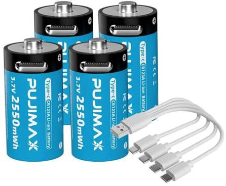 USB CR123A Lithium Ion Battery, 3.7 V 2550mWh Rechargeable CR123A Battery, 1.5H Fast Charge, 600 Cycles with Type C Connection Cable, Constant Output, Pack of 4 Batteries & USB Cable