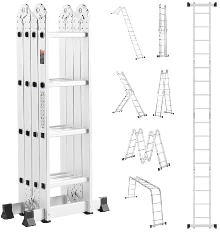 VEVOR Escalera Plegable Multiusos, Escalera Extensible Alta 7 en 1, 4 Escalones con Estructura en A, Altura de Alcance de 4,7 m, Capacidad de 149,7 kg para el Hogar y el Exterior, 1560 x 608 x 2215 mm