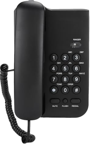 Corded Landline Phone with UK Line, Black ABS Desk Wall Mount | ABS construction, hotel compatible, tabletop wall-mountable unit, lightweight compact design, no