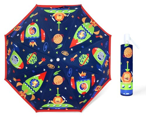 Regenschirm Kinder Mädchen mit Niedlichem Muster, Kinderschirm Reflektierend mit Schirmhülle & Auf-Zu-Automatik, Taschenschirm Winddicht Sturmfest für Jungen Leicht zu Transportieren-Tierische Rakete