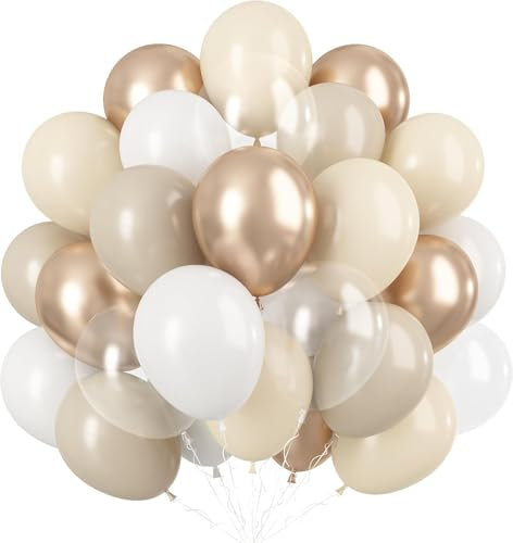 Luftballons Weiß Gold, 60 Stück Beige Gold Helium Latexballon mit Transparent Luftballons, 12 Zoll Sandweiß Creme und Metallic Gold Weiss Nude Partyballons für Boho Geburtstag Party Dekoration