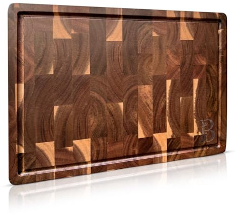 BAMLUX Premium Schneidebrett aus Akazienholz – groß, 42 x 30 x 2,5 cm End Grain/Stirnholz – Gourmet Hackbrett mit Saftrille & rutschfest – Für Hobby- & Profiköche