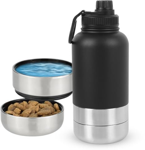 Gourde pour chien - Pour les déplacements - 950 ml - Accessoire pour chien - Avec gamelle et gamelle d'eau - En acier inoxydable - 4 en 1 - Isotherme - Sans BPA