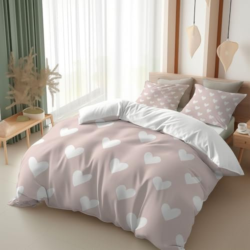 Srigzcaly Parure de lit 1 Personne 90x190 cm, Housse de Couette réversible Rose pâle et Blanc à Motif cœurs, 3 pièces Dont 2 taies d’Oreiller, Style Romantique et Doux, idéal pour Fille ou ado