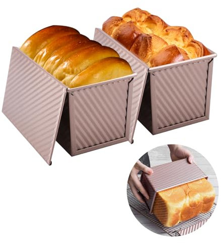inodiref 2 Piece Loaf Tins for Baking with Lid, 450g(1lb) Dough Non Stick Loaf Pan, Carbon Steel Corrugated Bread Tin for Oven Baking, Homemade Cakes, Toast Bread