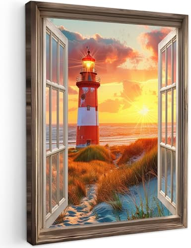 MuchoWow© Impression sur Toile Decoration Murale Peinture 50x70 cm Tableaux Decoratifs Muraux Déco Chambre Tableau Salon Transparent - Fenêtre - Phare - Coucher de Soleil - Plage