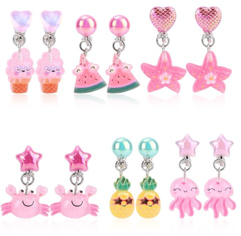 6 Paar Ohrclips für Mädchen, Ohrstecker-Set Ohne Ohrloch mit Ohrpolstern Süßes Schmetterlings-Kaninchen-Regenbogen-Design Ohrclips für Kinder Ohne Loch Schmuck als Geschenk