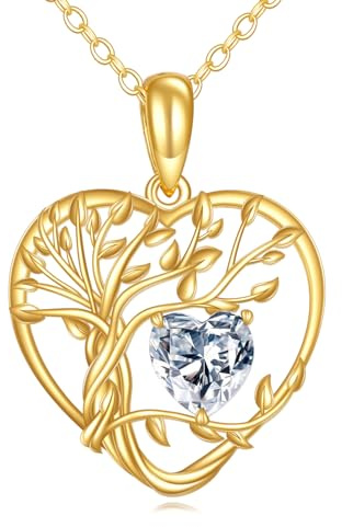 KECHO 14K Solid Gold Tree of Life Necklace Yellow Gold Heart Crystal Pendant 14K Real Gold Jewellery Gifts for Women