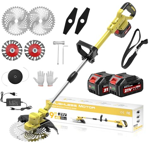 TerraKraft 21V Rasentrimmer mit Akku, 750w Akkus Rasentrimmer, Freischneider Akkus, Die Teleskophöhe 100cm - 145cm Motorsense Akkus, 90° Trimmwinkel(Inkl2 x 4,0Ah Akku) (Gelb)