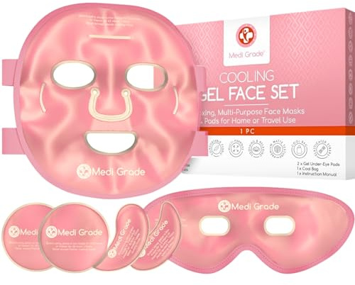 Medi Grade Kühlmaske für Gesicht Augen im Set, Gel Eismaske, Rosa | Gesichtskühlmaske Augen Kühlmaske gegen geschwollene Augen, zum Augenringe Entfernen, bei Migräne, mit praktischer Kühltasche