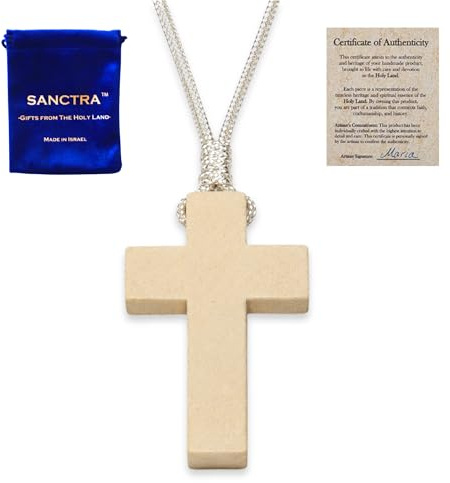 Collier croix en bois pour homme et femme, pendentif chrétien de foi | Pendentif en forme de croix, fabriqué à la main et béni en Terre Sainte, avec pochette cadeau et certificat d’authenticité