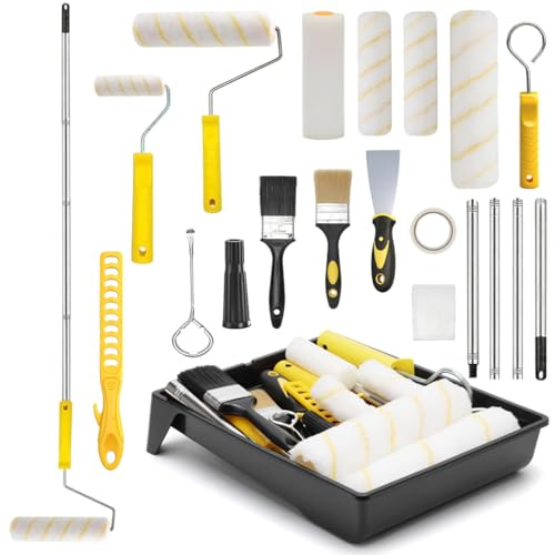 Yuragim Farbroller Set, Farbroller Wandfarbe,18-Teiliges Malerset mit 1.5m Teleskopstange, Malerrolle,Pinsel,Schaber und Farbwanne,Pinselrolle,Malerzubehör,Streichen Zubehör für farben,für Wand Decken