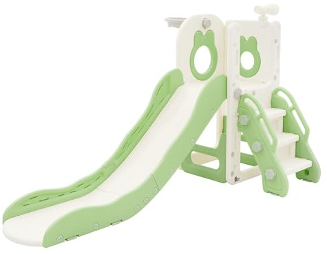Joyz 3-i-1 barnrutschkana lektorn set vit-grönt plast inomhus och utomhus med rutschkana, basketkorg, babyrutschkana, trädgårdsrutschkana och lekplattform för barn från 3 år säker rolig leksak