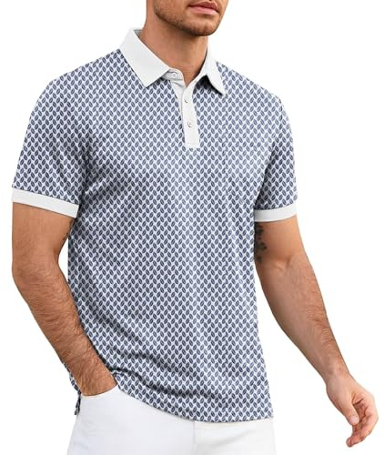 Remxi Mens Print Golf Shirt Quick Dry Fit Short Sleeve Performance Polo Shirts for Men Moisture Wicking Collared Shirt with Pocket White L