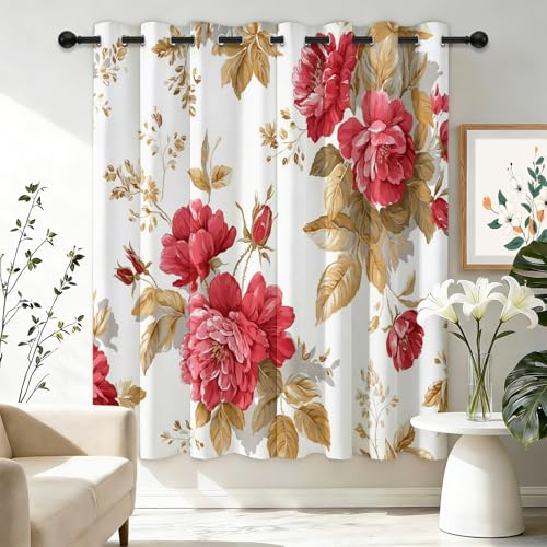 Blickdichte Vorhänge Retro Klassisch Rosen Romantisch Verdunkelungsvorhang - Rot Gold Vorhänge mit Ösen, Polyester für Schlafzimmer Wohnzimmer, Geräuschreduzierung 2 St H160 x B70 cm