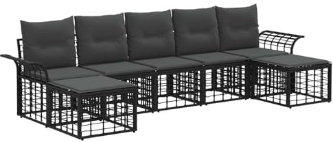 vidaXL Outdoor-Sofagarnitur 7 pcs Schwarz und Dunkelgrau Polyester, Moderne, wetterfeste, modulare Sofagarnitur mit verstellbaren Füßen, bequemen Kissen zum Entspannen