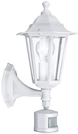 EGLO Außen-Wandlampe Laterna 5, 1 flammige Außenleuchte inkl. Bewegungsmelder, Sensor-Wandleuchte aus Aluguss und Glas, Farbe: Weiß, Fassung: E27, IP44