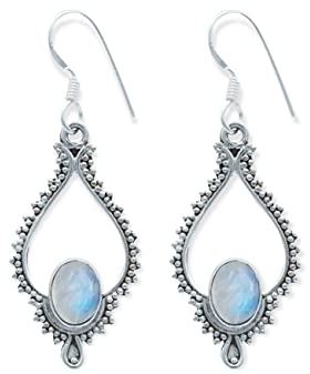 Ohrringe 925 Silber Mondstein weißer Stein schimmer Edelstein Ohrhänger echt Silber Damen Sterling Silber Hänger Geschenk (MOH-082-04)