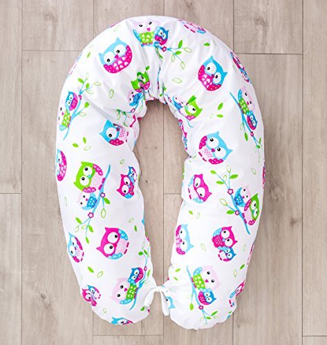 LOOLAY® Bezug für Stillkissen XXL Baby Lagerungskissen Seitenschläferkissen 170cm Muster: Eule weiß