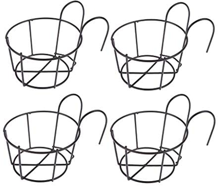 4 Pack Hanging Railing Planters Flower Pot Holders Plant Iron Racks Fence Metal Potted Stand Mounted Balcony Round Plant Baskets Shelf Container Box for Indoor&Outdoor Use-Black,Garden Steel Pots,6.3