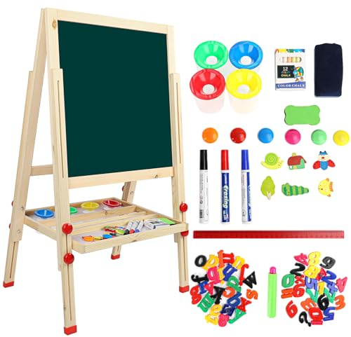 Dripex Kinder Tafel Holz Kindertafel Malerei Holztafel Doppelseitige Kreidetafel und Whiteboard Höhenverstellbar Standtafel mit 24Stk Zubehör (ab 3 Jahre)